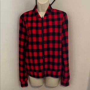 SHEIN Red and Black Checkered Bomber Jacket